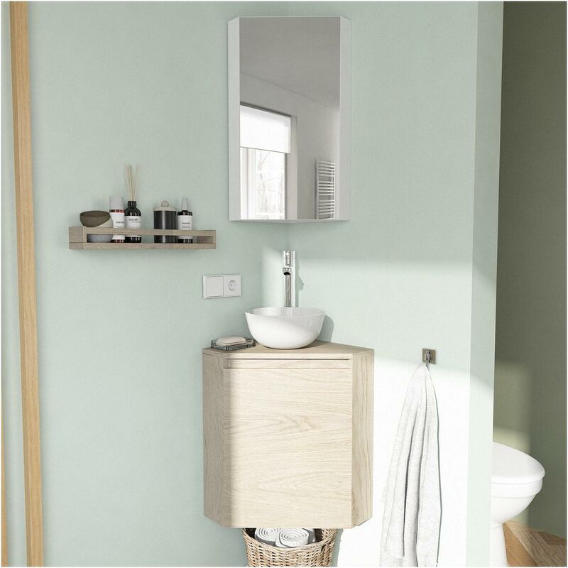 Mob-in - Ensemble lave-mains d'angle + vasque + robinet + armoire de toilette miroir