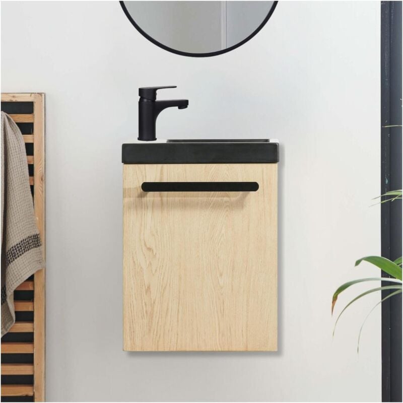 Mob-in - Meuble lave-mains nevada Décor chêne vasque noire + robinet noir