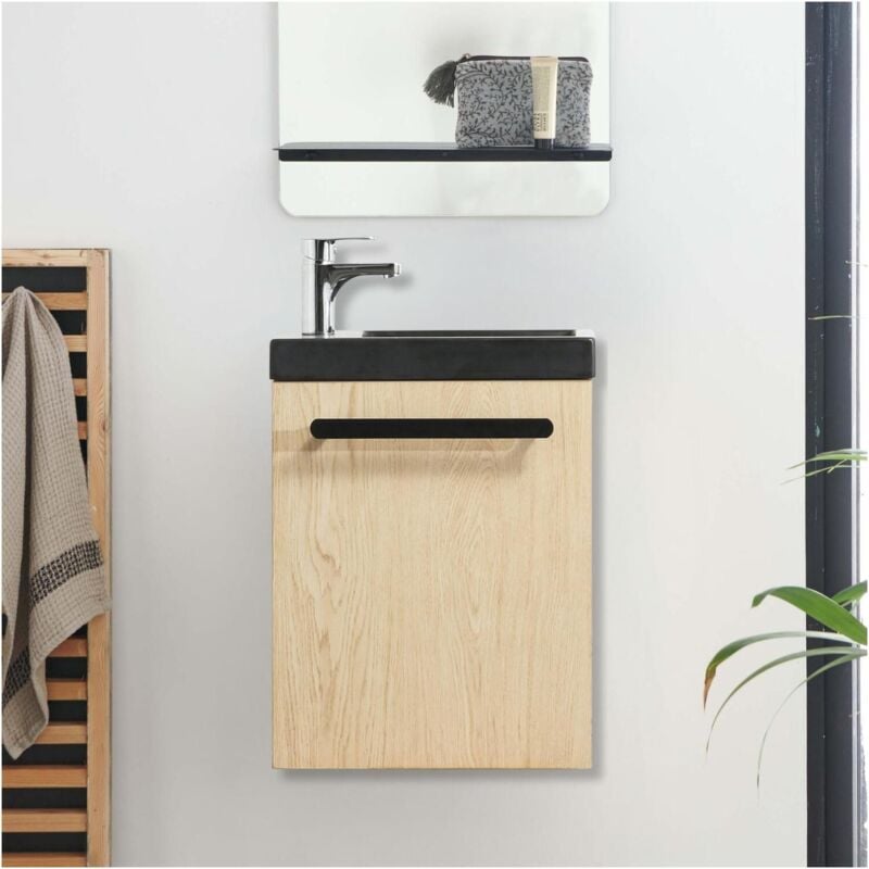 Mob-in - Meuble lave-mains nevada Décor chêne vasque noire + robinet chromé