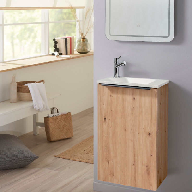 Meuble lave mains wc effet chêne avec lave-mains design blanc - l.42.5 X H. 68.6 cm - sans robinetterie - Austin