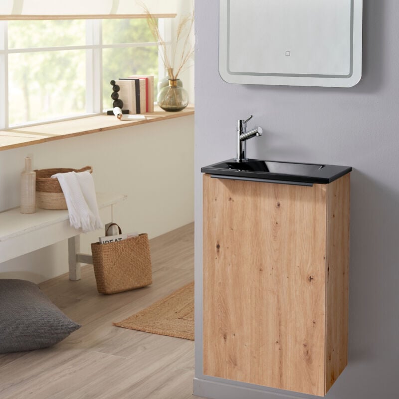Meuble lave mains wc effet chêne avec lave-mains design noir - l.42.5 x h. 68.6 cm - sans robinetterie - Austin