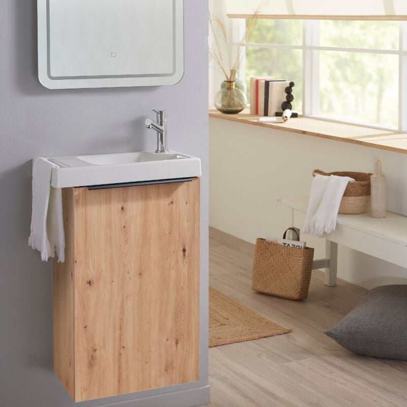 Meuble lave mains wc effet chêne avec porte serviettes - L.48 x h. 72.5 cm - pour robinetterie à droite - Austria