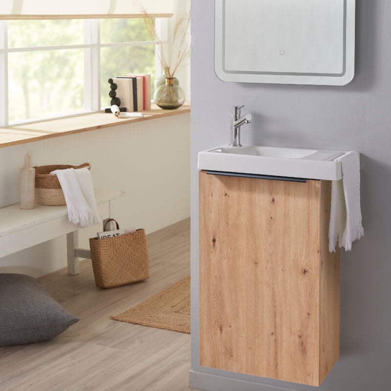Meuble lave mains wc effet chêne avec porte serviettes - L.48 x h. 72.5 cm - pour robinetterie à gauche - Austria
