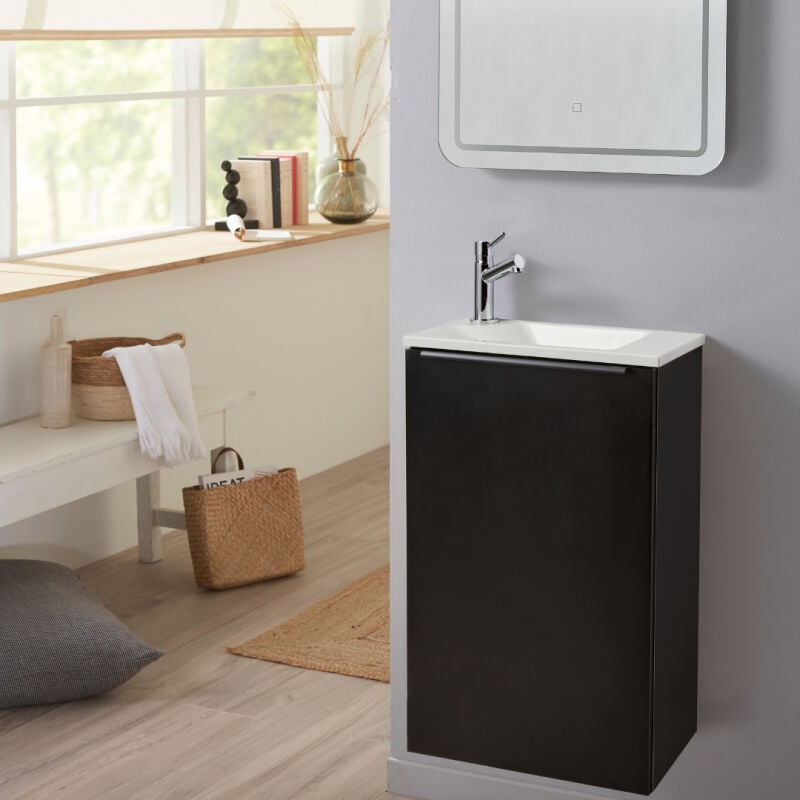Meuble lave mains wc noir mat avec lave-mains design blanc - l.42.5 x h. 68.6 cm - sans robinetterie - Austin