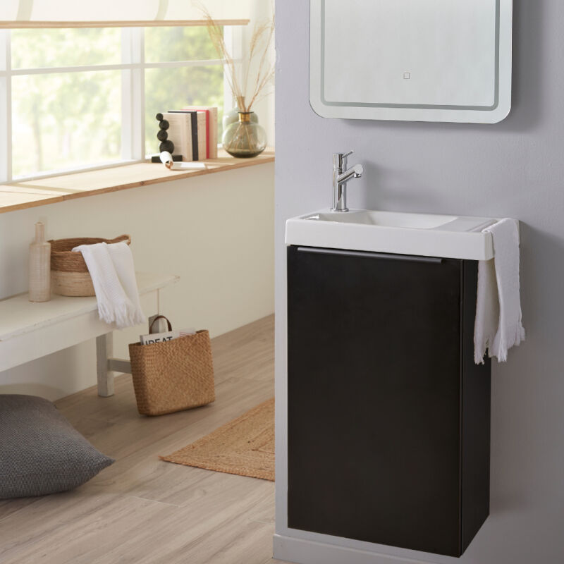 Meuble lave mains wc noir mat avec porte serviettes - l.48 x h. 72.5 cm - pour robinetterie à gauche - Austria
