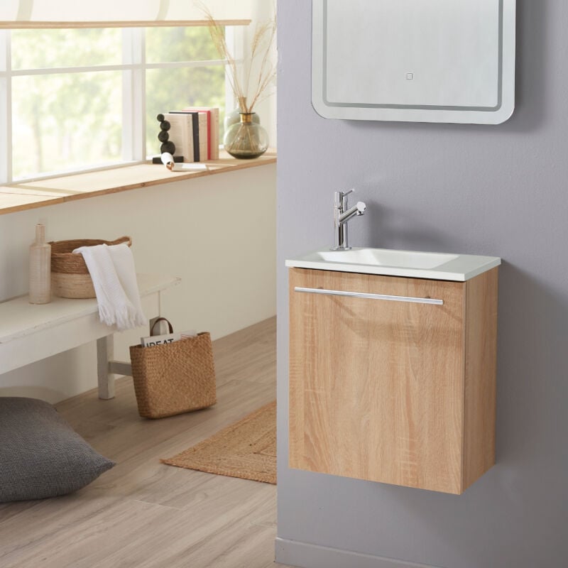 Meuble lave-mains pour wc finition chêne oak avec robinet eau froide