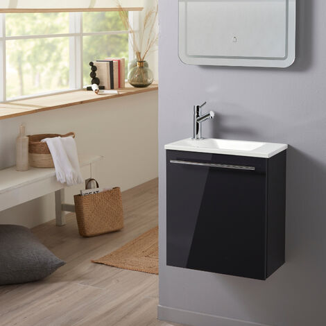 Meuble lave-mains pour wc gris anthracite brillant avec vasque moderne et mitigeur