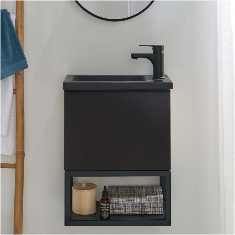 Mob-in - Ensemble meuble lave-mains noir carbone + robinet