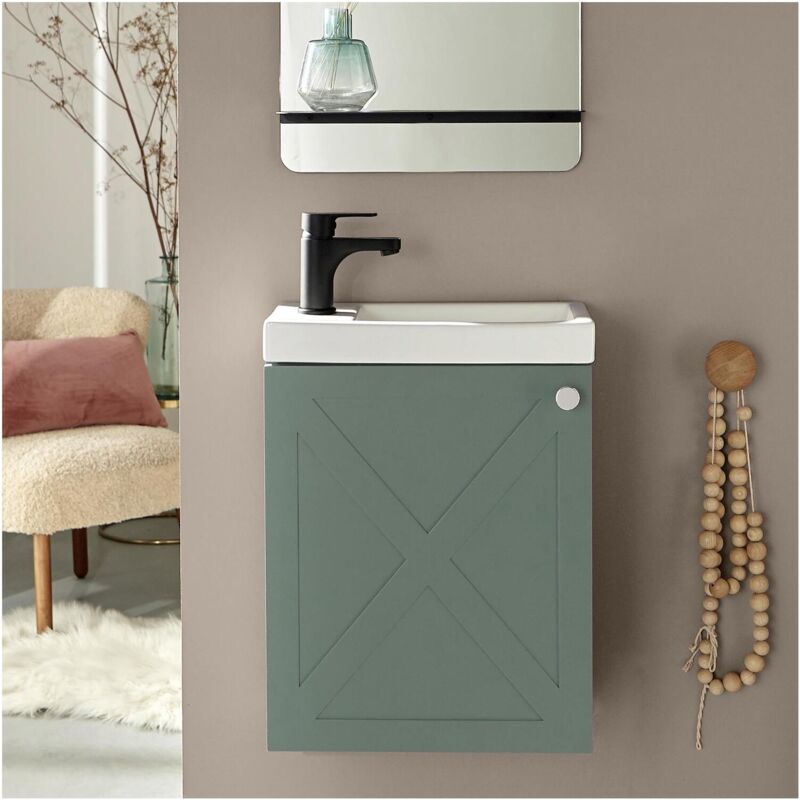 Ensemble meuble lave-mains vert de gris AVA avec robinet noir