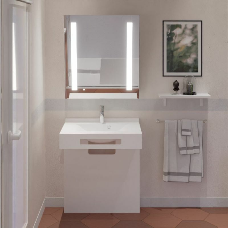 Cuisibane - Meuble pmr lea 70 cm avec plan vasque + miroir led inclinable Rotary