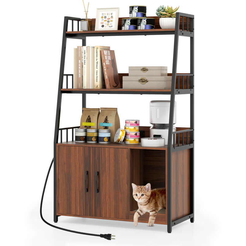 Meuble Litiere Chat, 3 Étagères de Rangement, Planche à Griffer, 3 Trous d'air, Entrée Sinueuse, Maison de Toilette Chat, 80 x 40 x 132 cm, Naturel