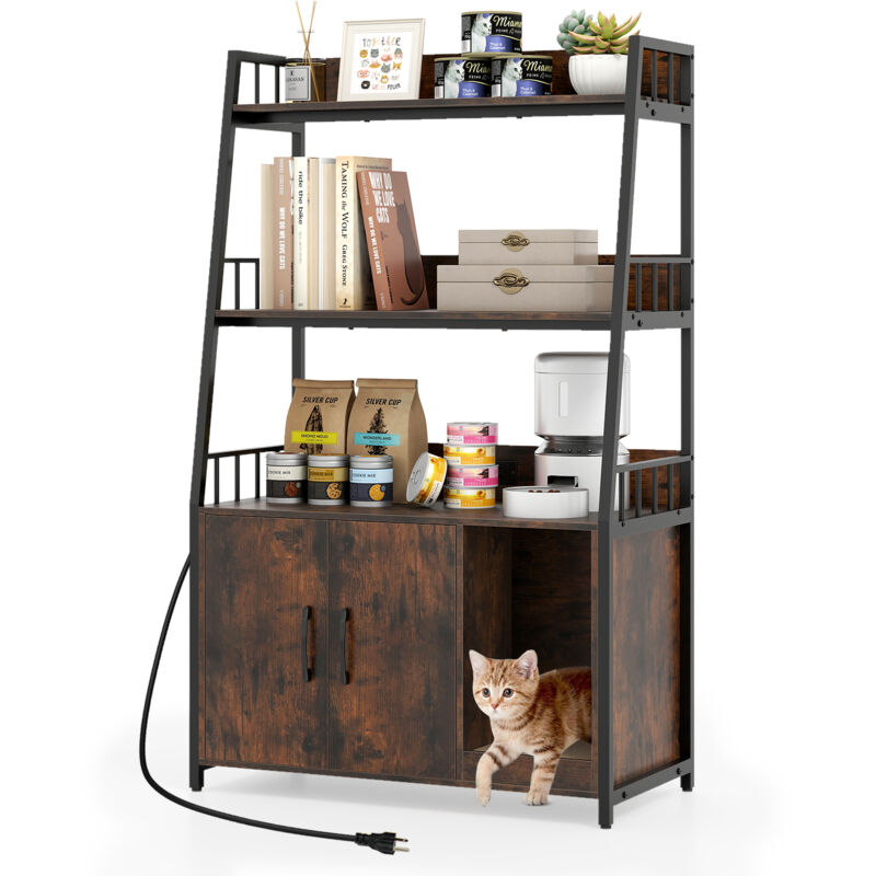 Meuble Litiere Chat, 3 Étagères de Rangement, Planche à Griffer, 3 Trous d'air, Entrée Sinueuse, Station de Charge, 80 x 40 x 132 cm, Brun Industriel