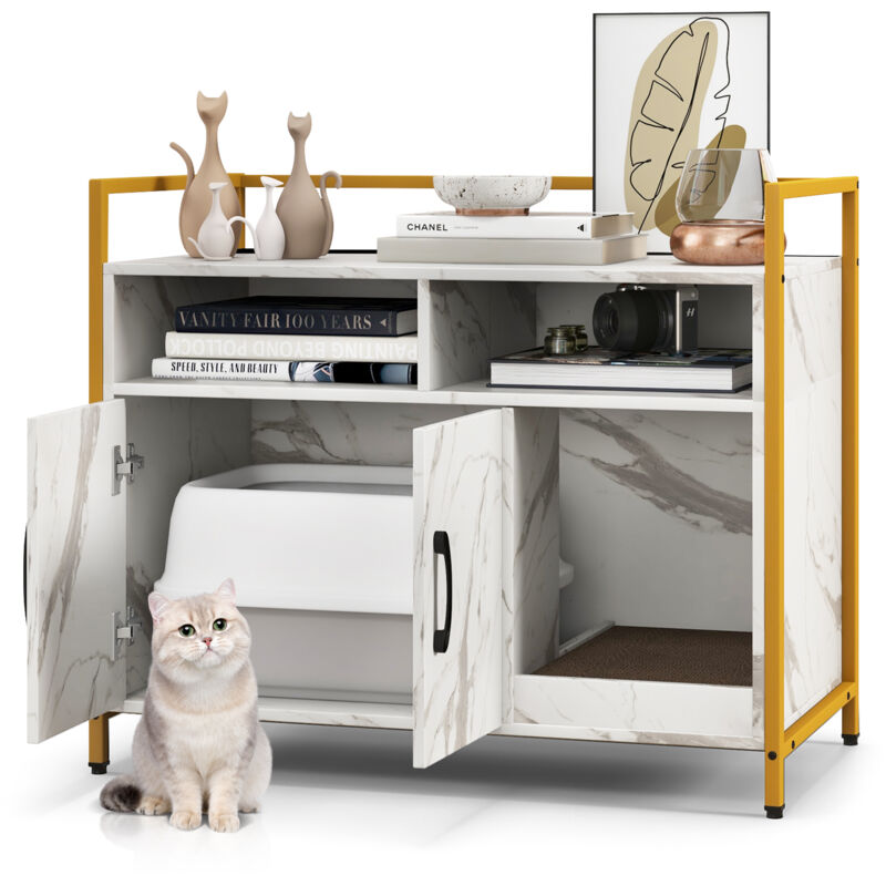 Meuble Litiere Chat en Bois, Meuble Cache Litiere Double Porte 2 en 1, Planche à Griffer Amovible, Cadre en Métal, 1 Passe-Câble, 2 Compartiments
