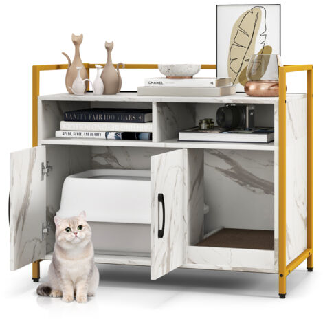 Meuble Litiere Chat en Bois, Meuble Cache Litiere Double Porte 2 en 1, Planche à Griffer Amovible, Cadre en Métal, 1 Passe-Câble, 2 Compartiments