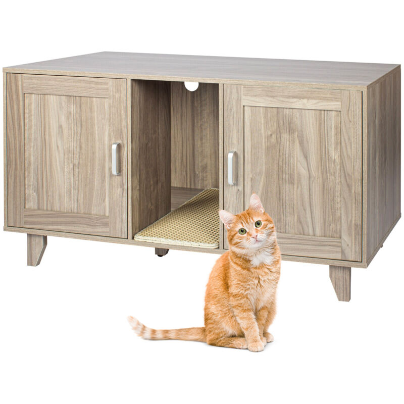 Armoire litière Relaxdays XXL, 2 compartiments, niche chat, tapis litière, H x L x P : 65 x 120 x 52 cm, gris-brun