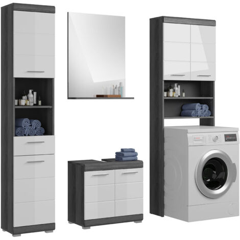 Meuble machine à laver + 2 meubles + miroir anthracite et blanc - ORIE
