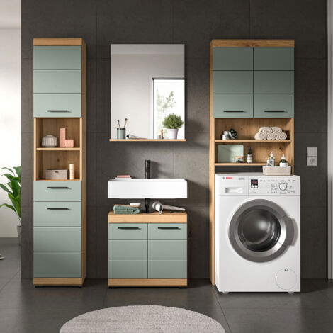 Meuble machine à laver + 2 meubles + miroir chêne brun et kaki - OLBO