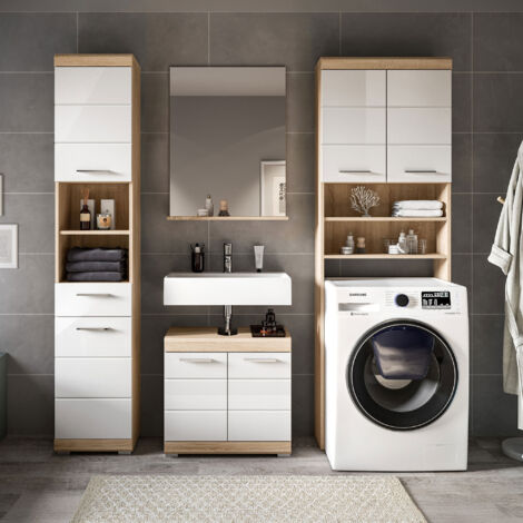 Meuble machine à laver + 2 meubles + miroir chêne et blanc - LAMBY