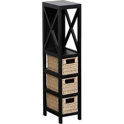 Meuble mdf noir 1 etagere + 3 paniers papier tresses - noir naturel - Tendance