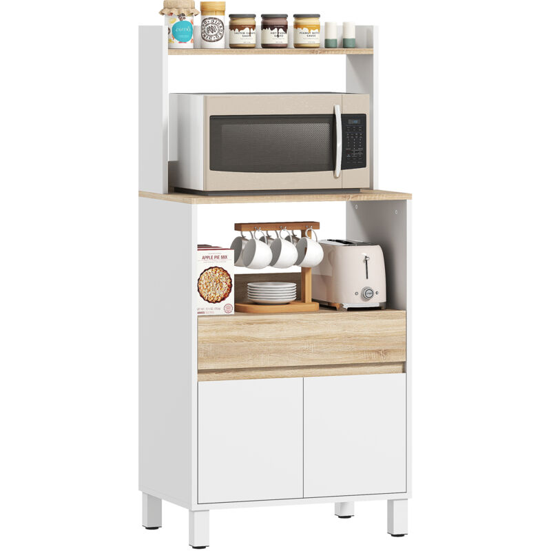 Meuble micro onde - HOMCOM - avec placard, tiroir, étagère supérieur - 60 x 40 x 131 cm - chêne et blanc