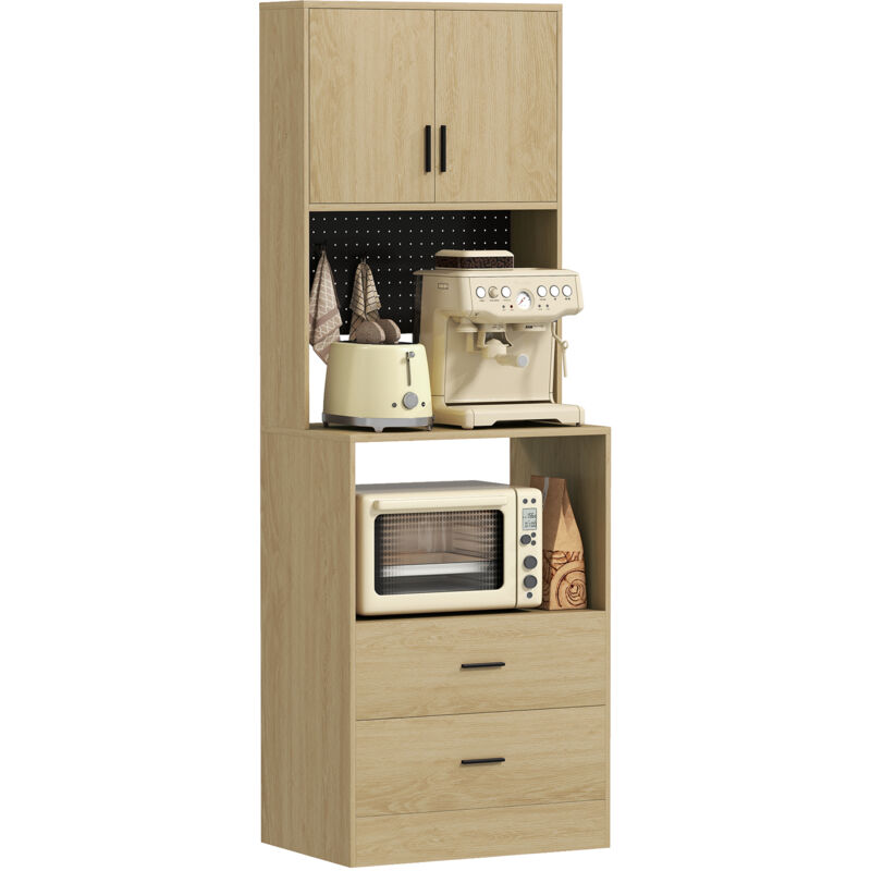 Meuble micro-ondes - HOMCOM - 2 tiroirs, 2 portes, plan de travail, étagère réglable, panneau perforé - bois - 80x40x170cm - naturel