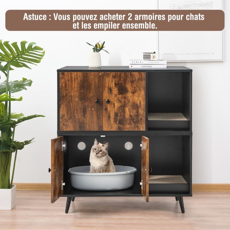 Meuble Moderne Bac à Litière Chat Armoire Double Porte Étagère Ouverte CW45806