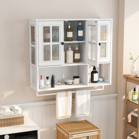Meuble mural 88x26x82.5cm Rangement minimaliste MDF verre trempé métal Blanc