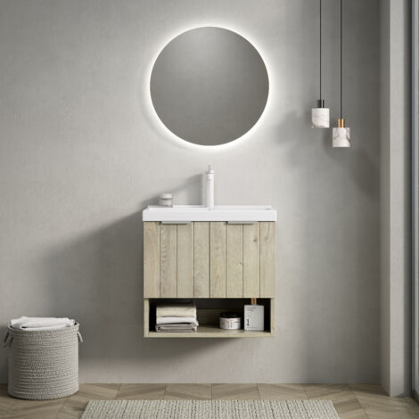 Meuble mural de 55 cm, vasque rectangulaire en céramique blanche, meuble à double porte rayé.