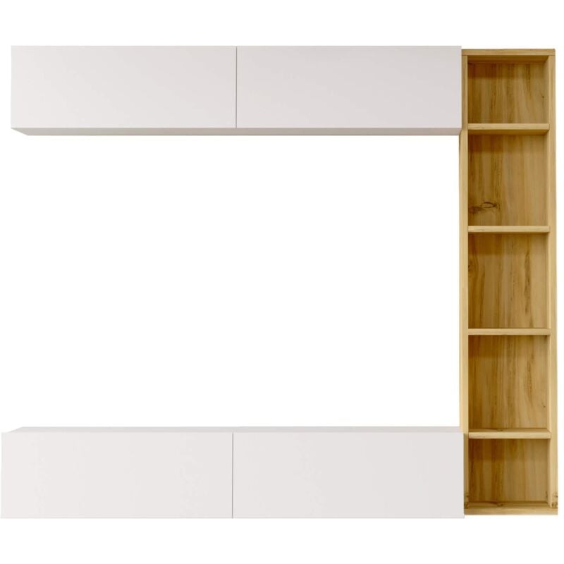 Meuble mural Rebecca Mobili Hilba 143,5x169x26 Panneau de particules Blanc Marron Clair Moderne ensemble 3 pcs