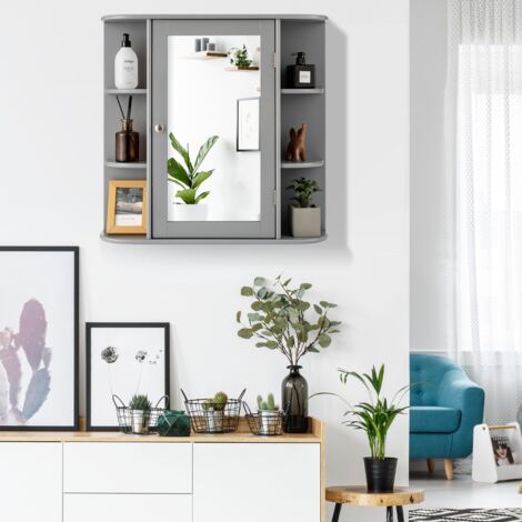 Meuble Mural Salle de Bain Armoire Miroir Rangement Toilettes 65x17x64cm Gris CW4153 Maison Chic