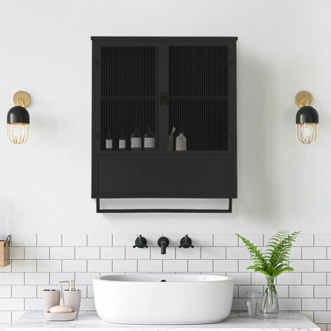 Meuble Mural Salle de Bain Meuble Suspendu Armoire 60 x 23 x 78 cm, 2 portes vitrées, étagère ouverte et porte-serviette, verre trempé & métal, noir