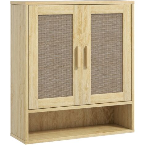 Meuble mural salle de bain meuble wc suspendu avec double porte et étagère ouverte 59 x 20 x 66,5 cm effet bois de chêne