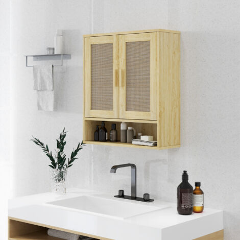 Meuble mural salle de bain meuble wc suspendu avec double porte et étagère ouverte 59 x 20 x 66,5 cm effet bois de chêne