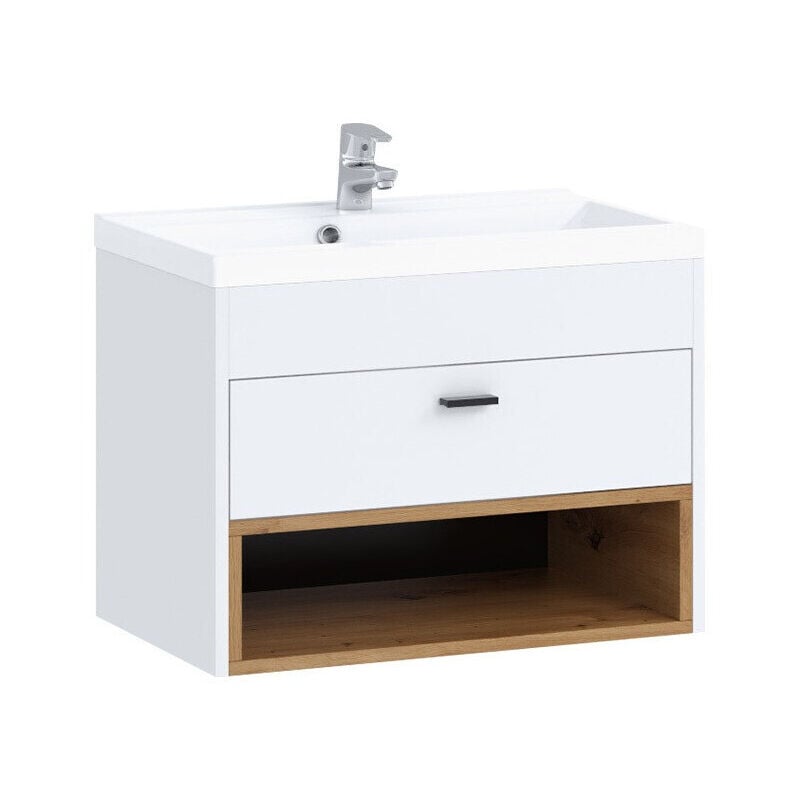 Mobilier1 - Meuble mural salle de bains Baltesi 118, Blanc + Chêne Artisan, à suspendre, Le nombre de portes: 0, 45x60x35cm, Stratifié, Nombre de