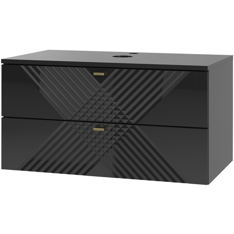 Meuble mural salle de bains Levelbu 107, Noir + Noir brillant, à suspendre, Le nombre de portes: 0, 42x80x46cm, Stratifié, mdf, Nombre de tiroirs: 0