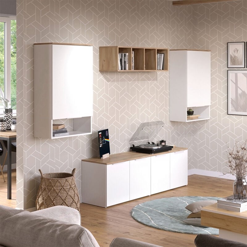 Meuble-paroi Wido, Blanc/Sonoma, 5 pièces Vicco