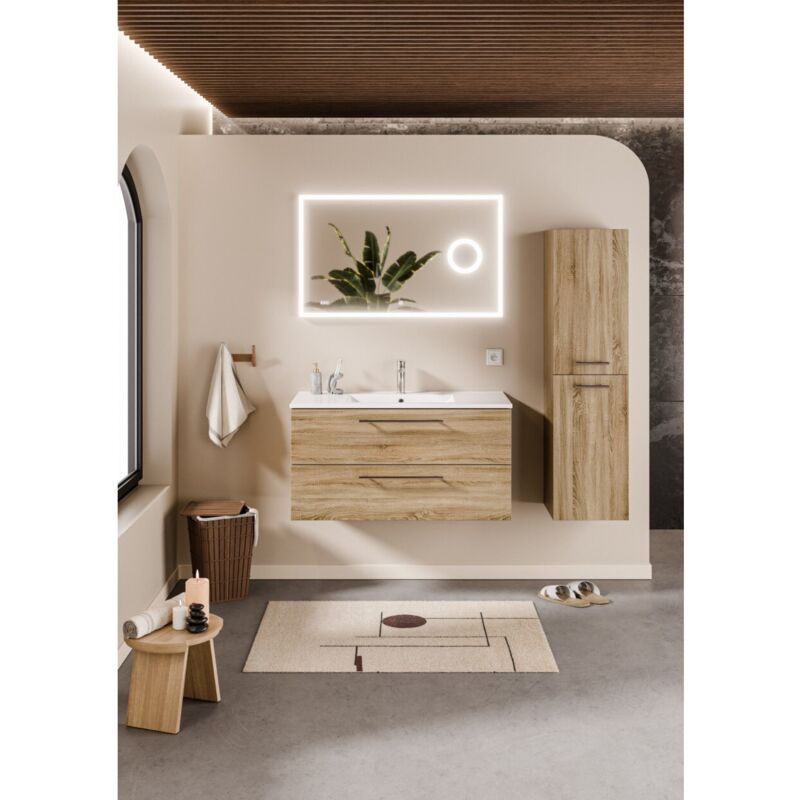 Sanitaire - Meuble neptune Bois Clair 100cm Centrée avec miroir lite