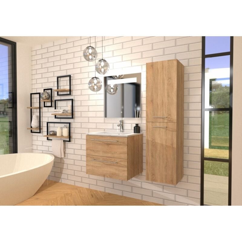 Sanitaire - Meuble neptune Bois Clair 60 cm - Miroir antibuée Kathy