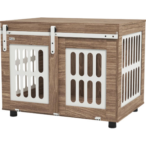 Meuble niche chien avec porte coulissante, chenil pour chien moyen, table d'appoint, 80x59x63 cm, teck.