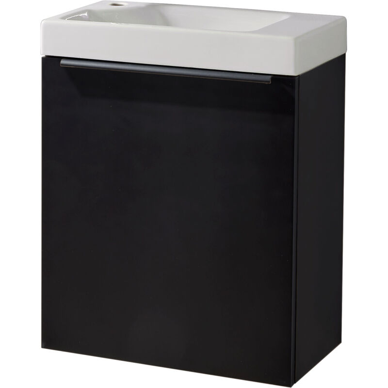 Meuble Noir mat Solo avec poignée noire et lave-mains pour robinet à gauche