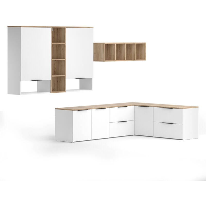 Meuble-paroi Wido, Blanc/Sonoma, 9 pièces Vicco