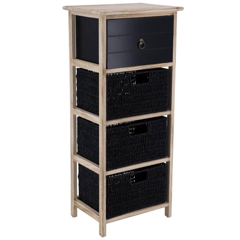 Meuble paulownia mdf 1 tiroir avec poignee bronze et 3 paniers papier - noir naturel Tendance