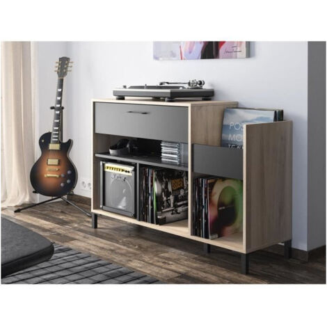 Meuble platine vintage en chêne clair – Dimensions L 115 x P 40 x H 81 cm – Rangement pour 290 vinyles et accessoires – Design urbain – Gami