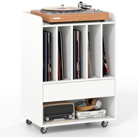 Meuble Platine Vinyle avec 5 Séparateurs, Tiroir, Étagère, Roulettes Verrouillables, Pouvant Accueillir jusqu'à 150 Albums, 52 x 35,5 x 73 cm, Blanc