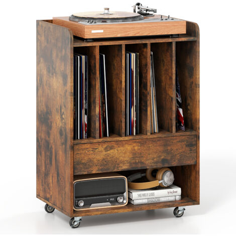 Meuble Platine Vinyle avec 5 Séparateurs, Tiroir, Étagère, Roulettes Verrouillables, Pouvant Accueillir jusqu'à 150 Albums, 52 x 35,5 x 73 cm, Marron