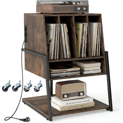 Meuble Platine Vinyle avec Prise jusqu'à 180 Vinyle, 4 roulettes, Étagères, 5 Compartiments, Support Tourne Disque pour CD, DVD, Manga, Livres, Marron