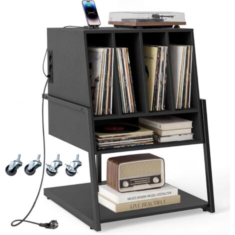 Meuble Platine Vinyle avec Prise jusqu'à 180 Vinyle, 4 roulettes, Étagères, 5 Compartiments, Support Tourne Disque pour CD, DVD, Manga, Livres, Noir