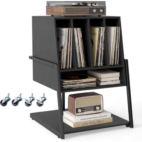 Meuble Platine Vinyle jusqu'à 180 Vinyle, 4 roulettes Inclus, Étagères, 5 Compartiments, Support Tourne Disque pour Albums, Manga, Livres, Noir