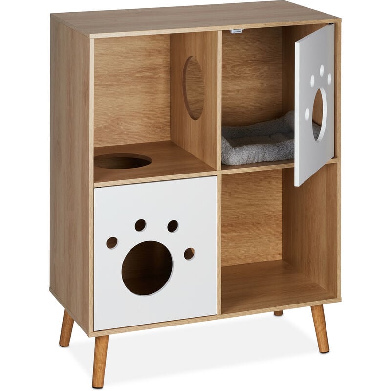 Meuble pour chat, 4 compartiments, HxLxP : 96x75x40 cm, cache-litière & couchage, intérieur, nature - blanc - Relaxdays