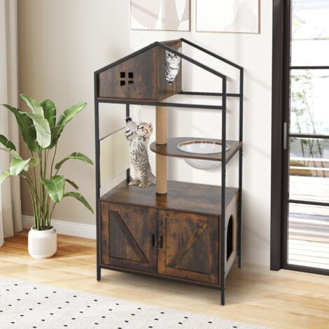 Meuble pour Chat avec Compartiment Bac à Litière Poteaux à Gratter et Tapis Capsule Transparente Balle Suspendue Aérations Marron Rustique